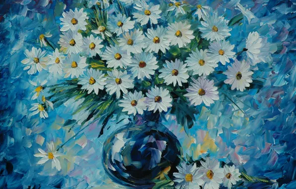 Картинка цветы, ромашки, букет, ваза, живопись, Leonid Afremov