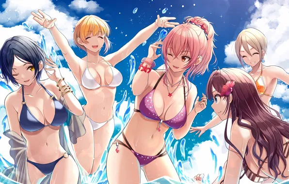 Sexy, cleavage, pink hair, long hair, sea, girls, boobs, anime