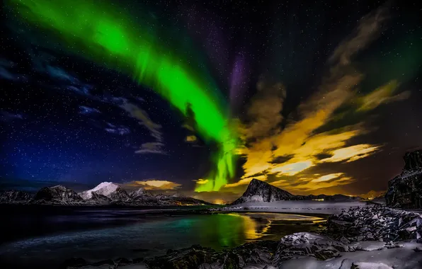 Картинка море, горы, ночь, северное сияние, Норвегия, Лофотенские острова