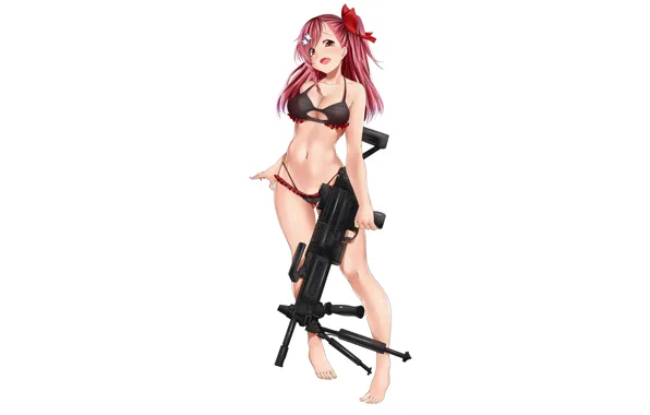 Girl, gun, sexy, cleavage, red hair, long hair, legs, boobs