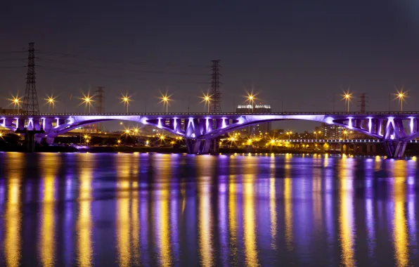 Ночь, мост, city, lights, огни, отражение, река, China