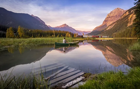 Пейзаж, горы, природа, озеро, лодка, Канада, Британская Колумбия