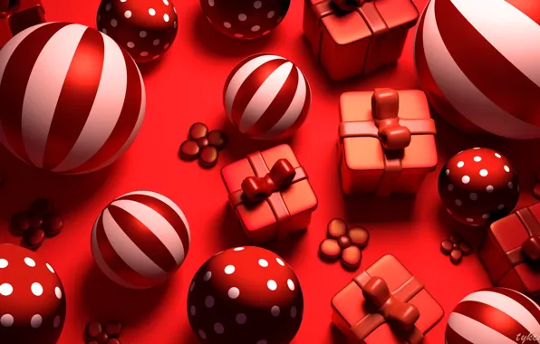 Картинка рендеринг, праздник, красное, игрушка, новый год, арт, Tzuyu Kao, Red gifts