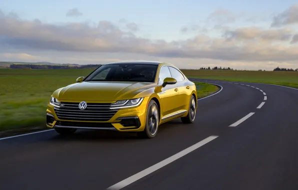 Картинка асфальт, жёлтый, равнина, Volkswagen, 2018, R-Line, лифтбэк, 2017