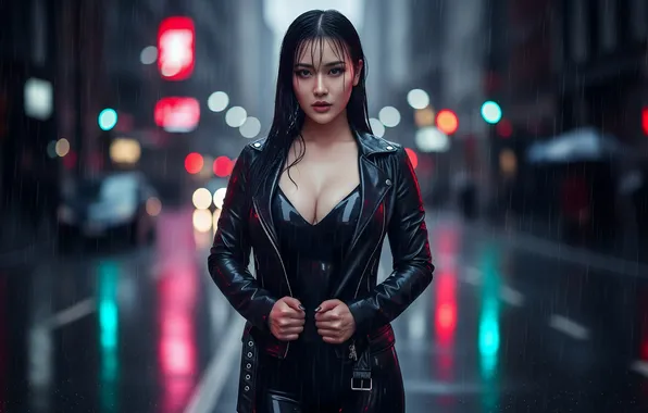 City, cleavage, Asian, leather, brunette, latex, AI art