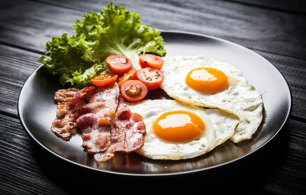 Зелень, яичница, помидоры, бекон, tomatoes, bacon