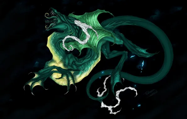 Картинка фантастика, пасть, хвост, профиль, черный фон, зеленый дракон