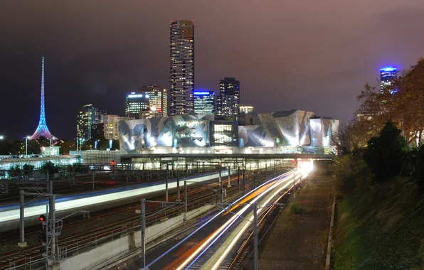 Ночь, огни, австралия, Melbourne, train, Australia, Metro Light Streams, VIC