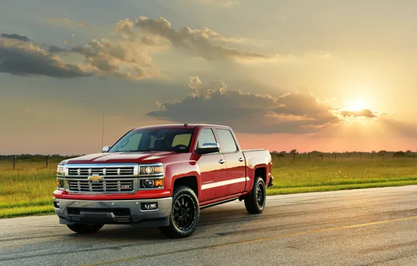 Дорога, поле, car, машина, небо, облака, закат, Chevrolet