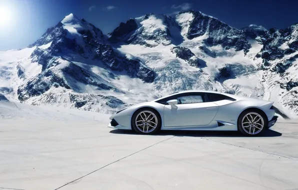 Lamborghini, Snow, White, Side, Mountains, Supercar, Huracan, LP610-4