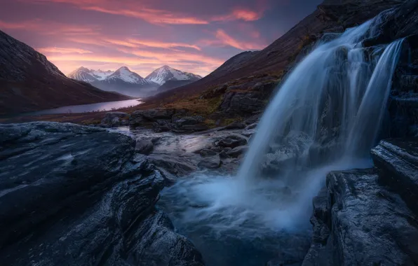 Закат, горы, река, камни, водопад, Норвегия, каскад, Norway