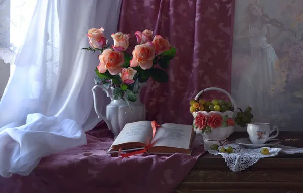 Роза, букет, виноград, чашка, книга