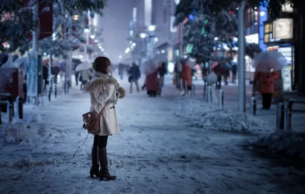 Картинка девушка, снег, город, улица, Токио, Snowy day
