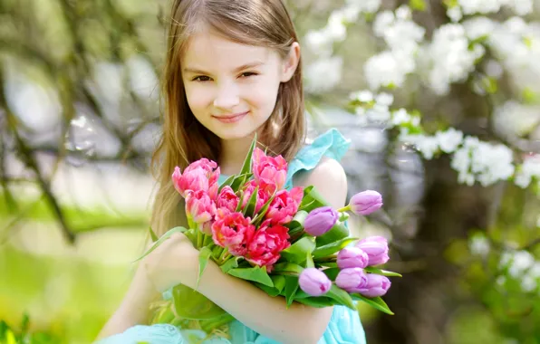 Картинка ребенок, весна, девочка, тюльпаны, girls, Little, Tulips