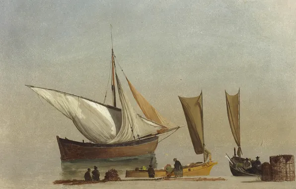 Берег, картина, парус, морской пейзаж, Альберт Бирштадт, Рыбацкие Лодки