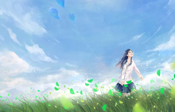 Картинка поле, листья, воздушные шары, Девушка