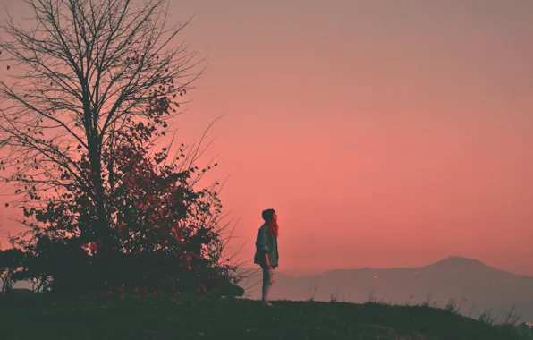 Girl, twilight, sunset, mountain, tree, hill, dusk
