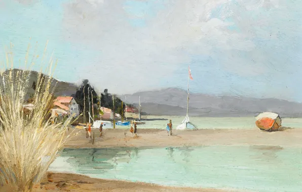 Картинка море, пейзаж, горы, дом, берег, лодка, картина, Марсель Диф