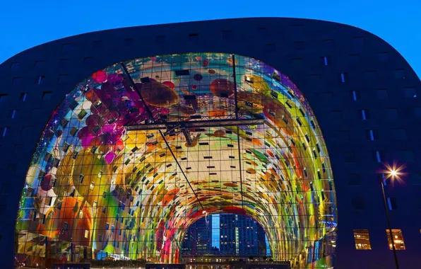 Ночь, огни, Нидерланды, Роттердам, Markthal, крытый рынок