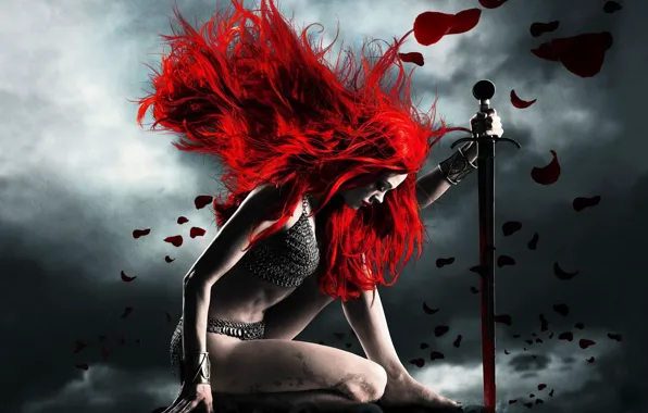 Девушка, красный, меч, кольчуга, покорность, рыжая соня