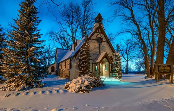 Картинка зима, снег, церковь, часовня