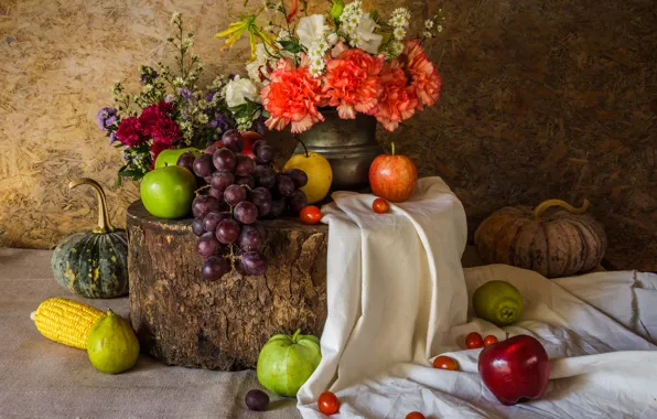 Картинка цветы, яблоки, букет, виноград, тыква, фрукты, натюрморт, овощи
