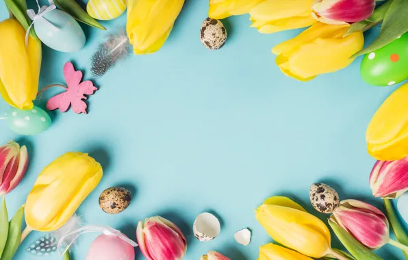 Цветы, яйца, букет, желтые, colorful, Пасха, тюльпаны, happy