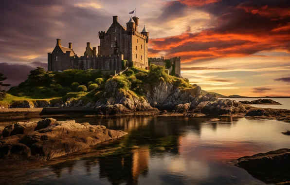 Картинка небо, закат, замок, скалы, landscape, view, castle, reflection
