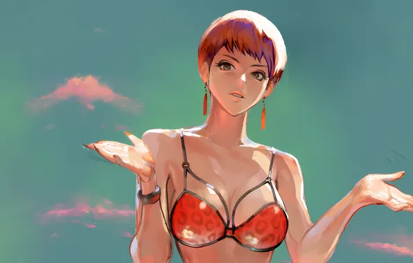 Girl, sexy, cleavage, red hair, boobs, anime, beautiful, short hair