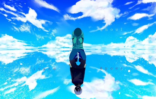 Небо, вода, облака, отражение, аниме, арт, парень, tokyo ghoul