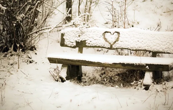 Картинка снег, настроение, сердце, скамья