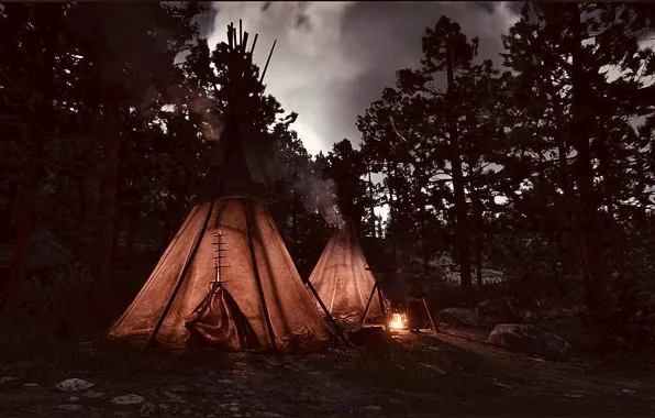 HDR, Fire, Wood, Night, Game, Trees, Tipi, UHD