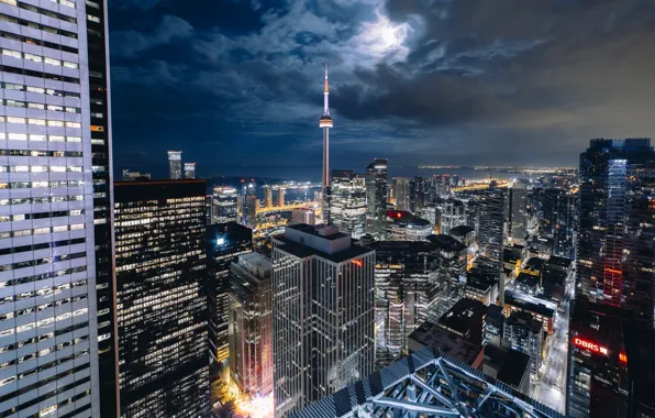 Картинка свет, ночь, город, огни, луна, Канада, Торонто