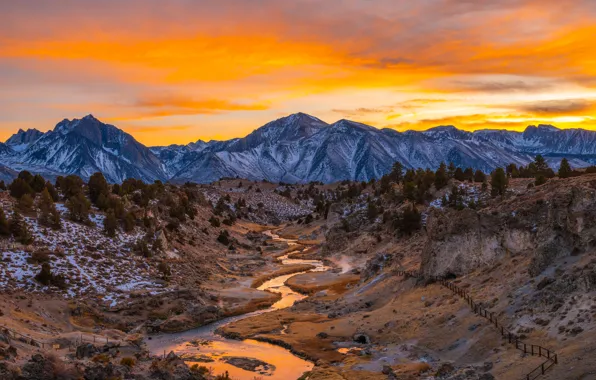 Небо, закат, горы, река, California, Inyo National Forest, Mammoth Lakes