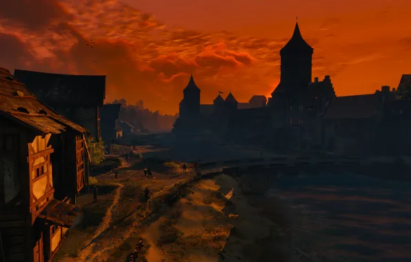Солнце, закат, город, Меч, Воин, Броня, Ведьмак, The Witcher