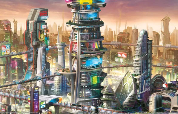 Город, будущее, здания, game wallpapers, симулятор, SimCity: Cities of Tomorrow