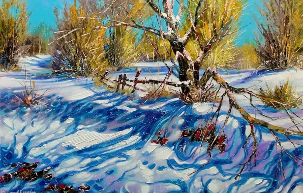 Картинка зима, небо, снег, пейзаж, ветки, природа, картина, день