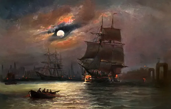 Картинка море, небо, пейзаж, ночь, лодка, корабль, картина, Луна