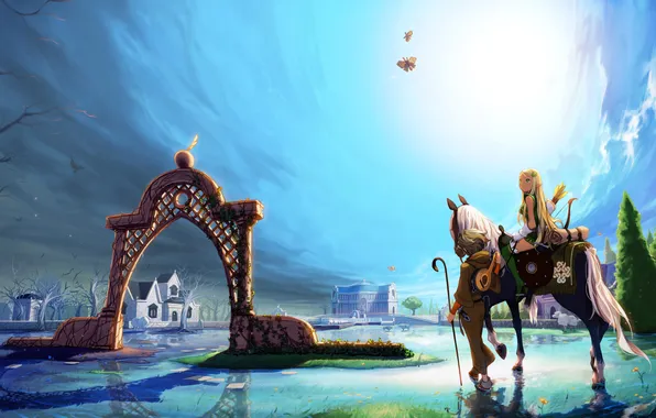 Картинка вода, город, конь, лошадь, эльф, девочки, лук, арт