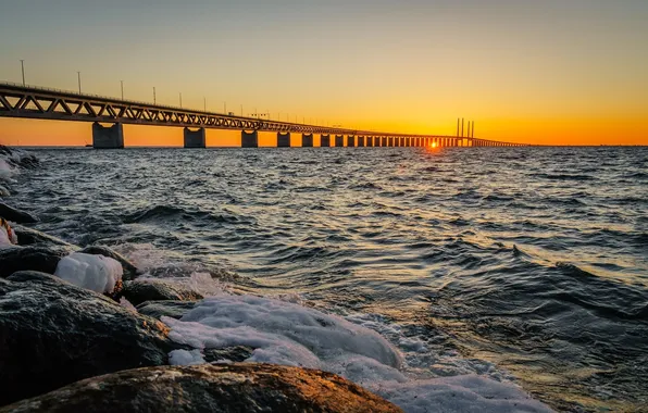 Картинка закат, Швеция, Sweden, Bunkeflostrand, Oresund Strait, Oresund Bridge, пролив Эресунн, Эресуннский мост
