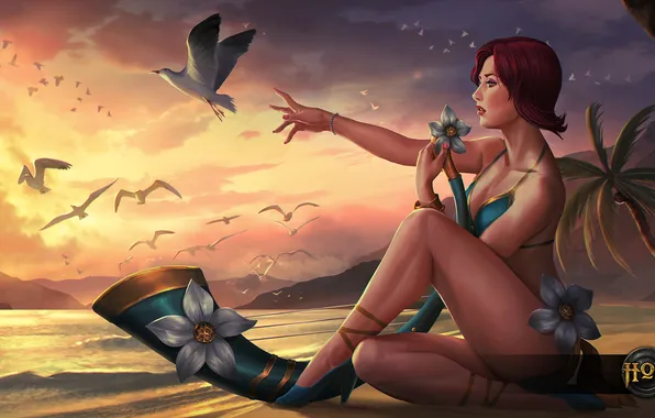 Пляж, девушка, птица, ноги, красавица, курорт, Heroes of Newerth, Rhapsody