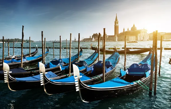 Море, остров, пристань, лодки, Италия, Венеция, Italy, гондолы