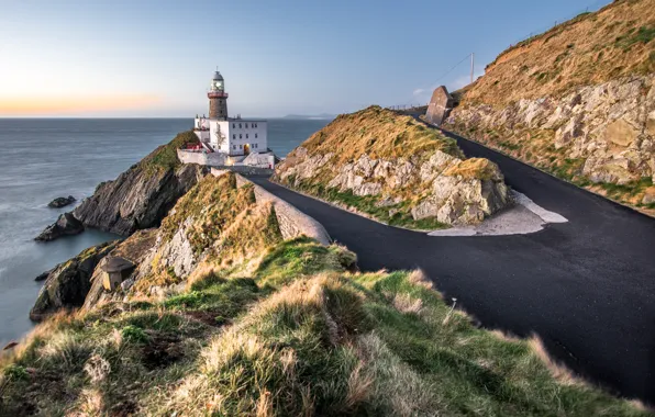 Картинка дорога, море, камни, скалы, побережье, маяк, Ирландия, Dublin
