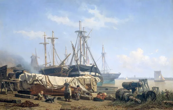 Картинка пейзаж, корабль, картина, жанровая, Johan Conrad Greive, Обеденное Время на Верфи на Реке Маас