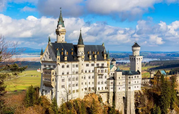 Пейзаж, замок, Германия, Neuschwanstein Castle, Замок Нойшванштайн, на горе
