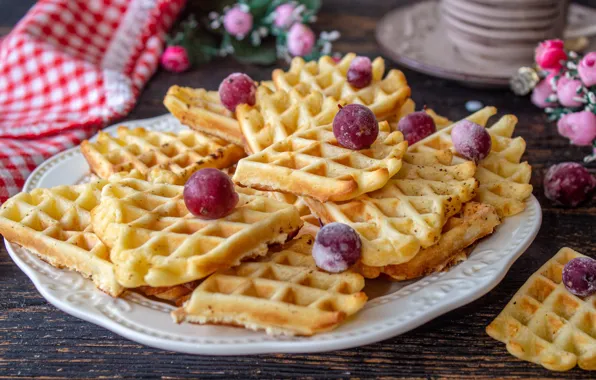 Вишня, десерт, вафли
