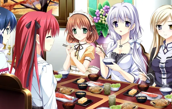 Отдых, девочки, аниме, арт, подруги, обед, otome ga tsumugu koi no canvas