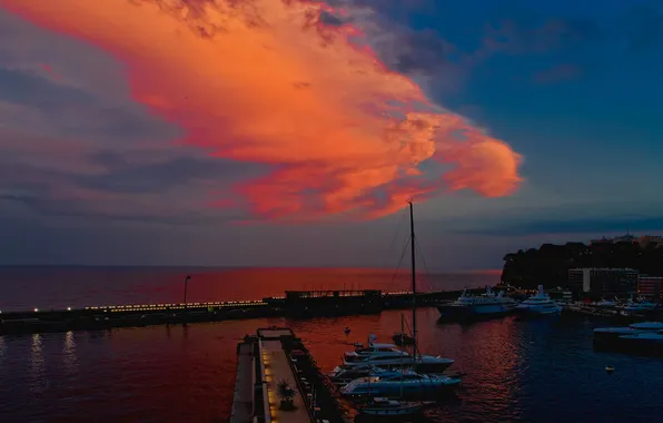 Картинка море, облака, ночь, яхты, зарево, гавань, Монако, Монте-Карло