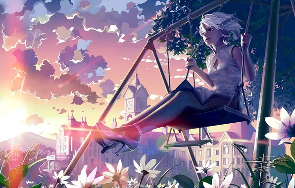 Картинка девушка, солнце, облака, цветы, город, качели, дерево, арт