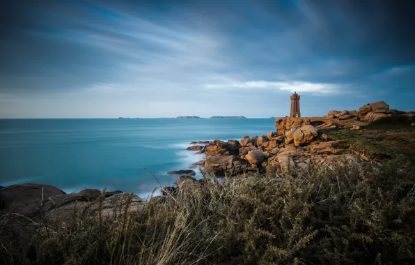 Картинка побережье, Франция, маяк, Brittany, Бретань, Ploumanac'h